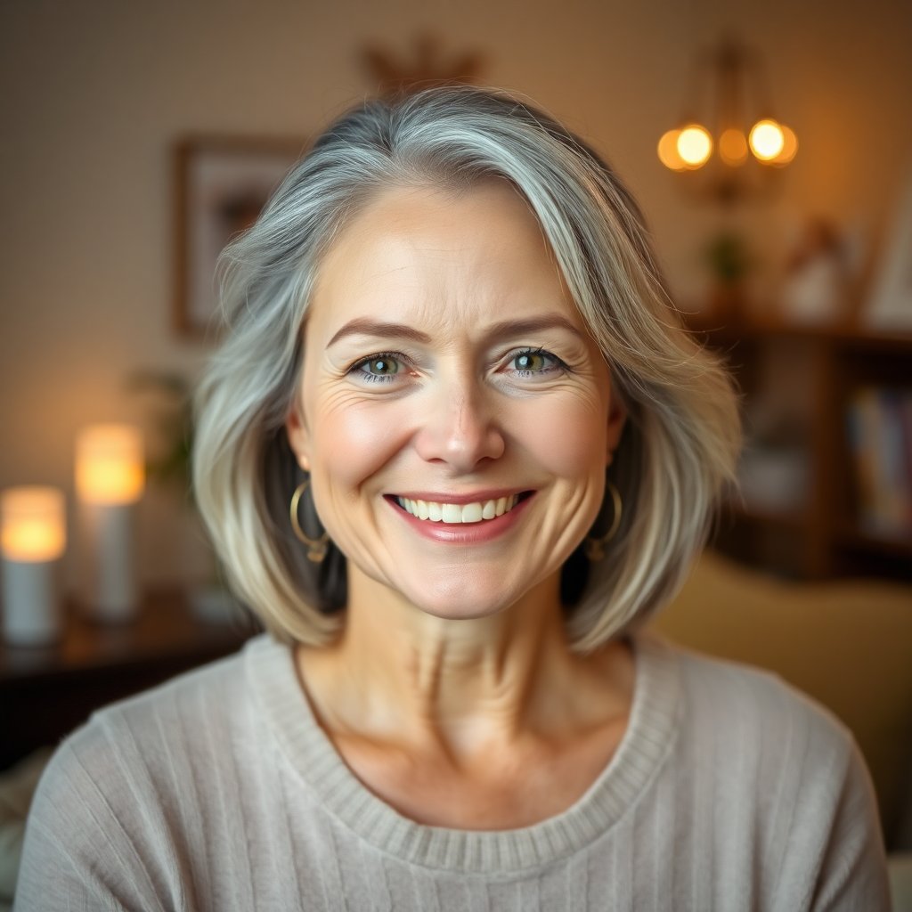 Portrait of a friendly, smiling mature woman with a kind expression, spiritual setting, soft focus, professional lighting, warm and trustworthy atmosphere, in a cozy room with subtle angel decorations.
